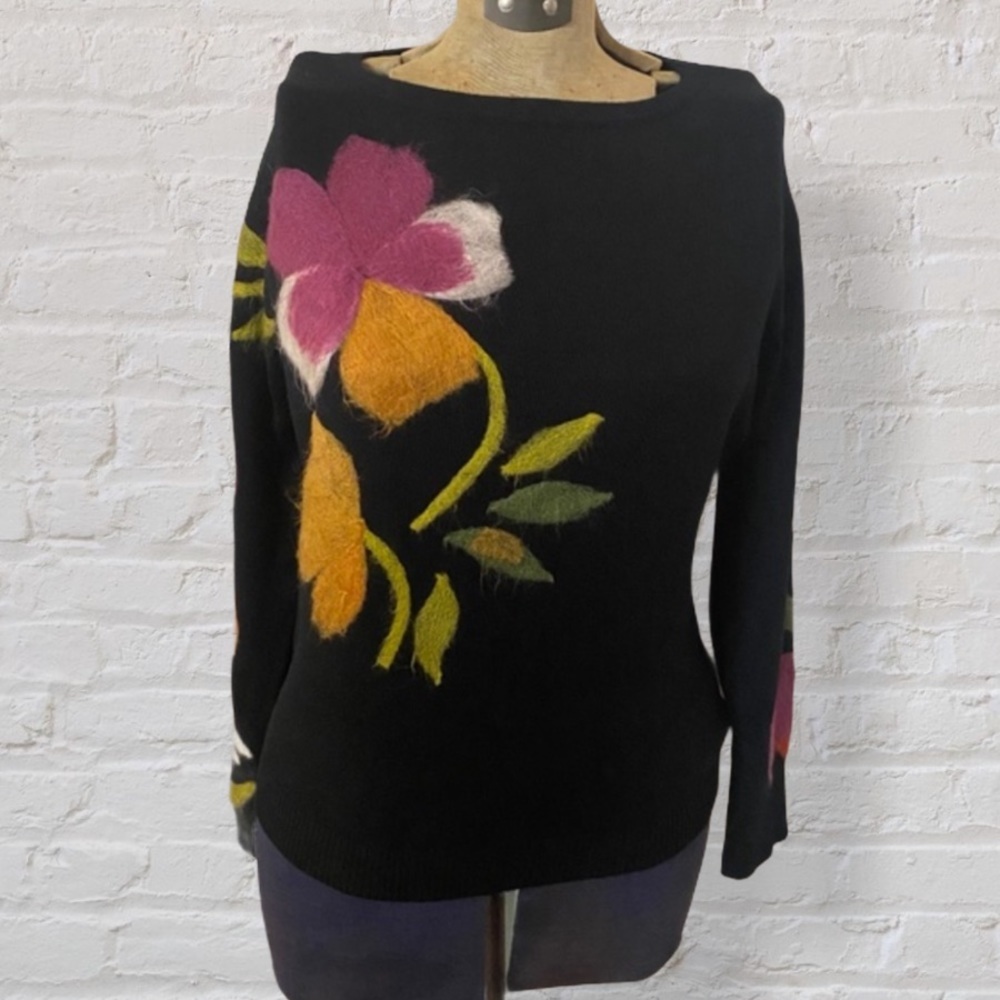 Nicole Alexander Black Pink Yellow Felted Floral Long Sleeve Top Sweater